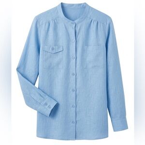 Vintage 100% Linen Weekend Choices Blue Mandarin Collar Button Front Top XL